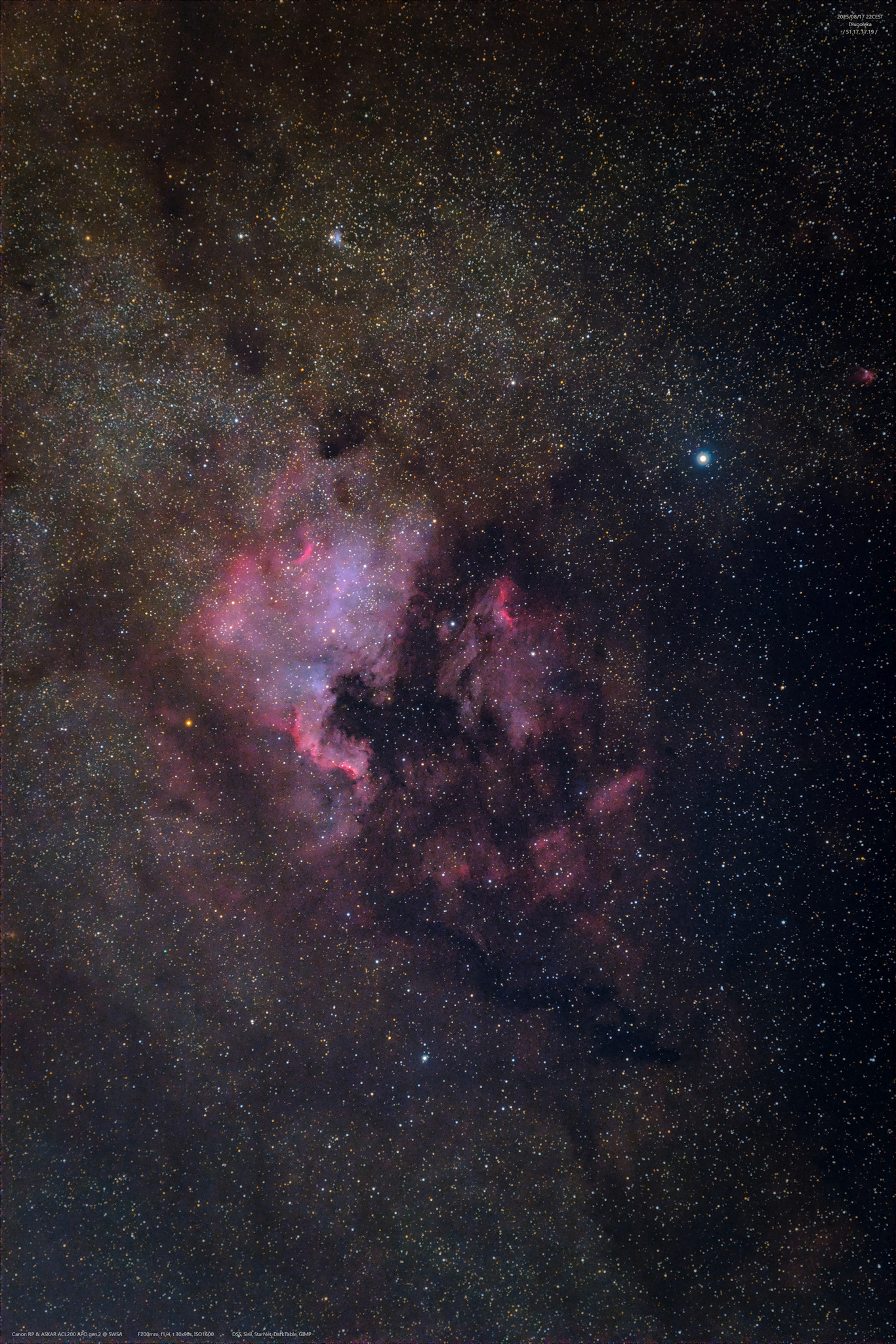 NGC7000 Ameryka Północna i Deneb w gwiazdozbiorze Łabędzia